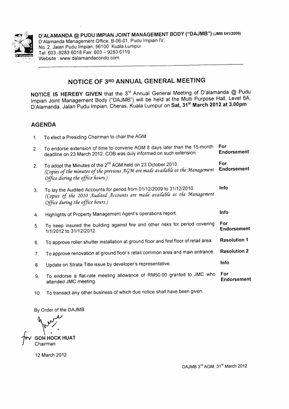 3rd AGM of D'Alamanda Pudu Impian JMB