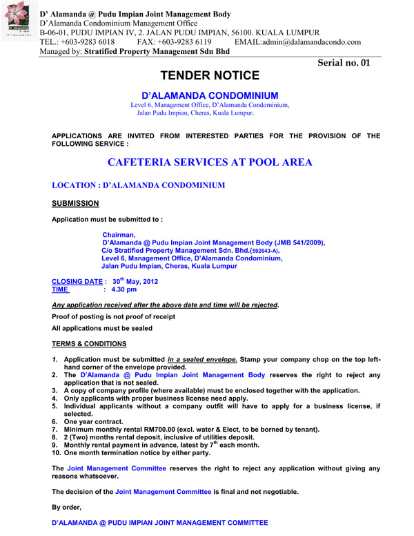 D Alamanda Snack Bar - Tender Notice