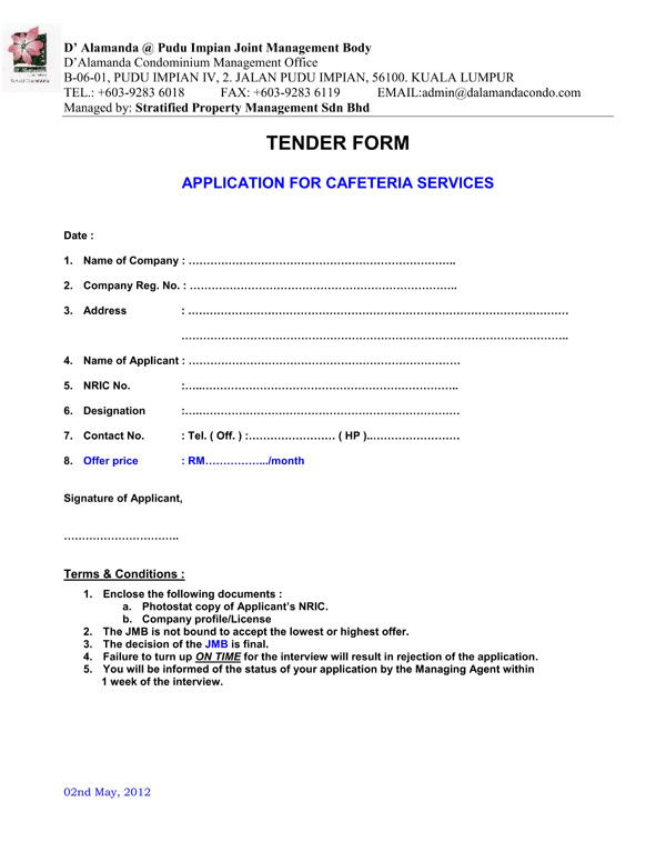 D Alamanda Snack Bar - Tender Notice