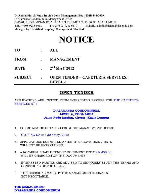 D Alamanda Snack Bar - Tender Notice