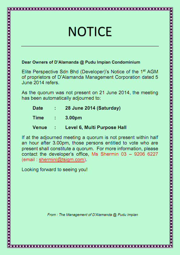 NOTICE - Adjourned AGM for MC