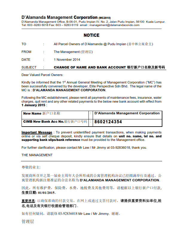 Notice - Change of Name & Bank Account Number