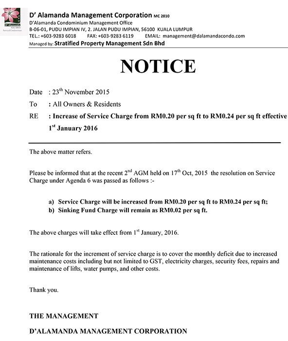 Notice - Increase of Service Charge