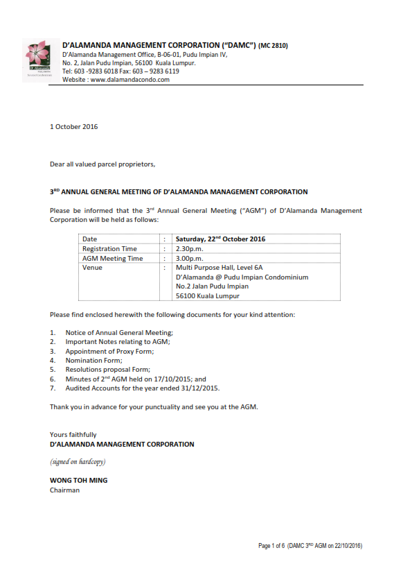 3rd AGM of D'Alamanda Management Corporation (Page 1)