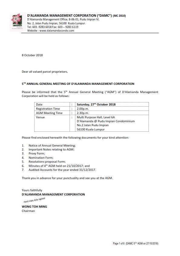 5th AGM Notice (Saturday, 27th October 2018) [Page 1]