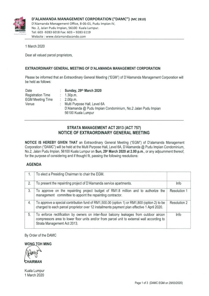 DA Condo - EGM - Notice