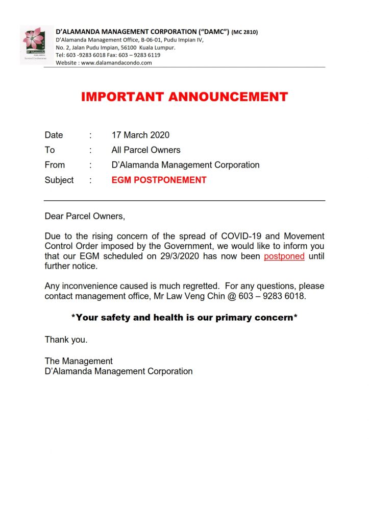 EGM - Postponement Notice