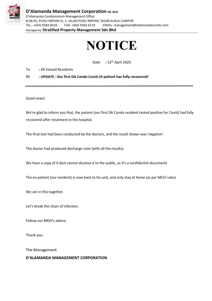 Update - Covid patient fully recovered