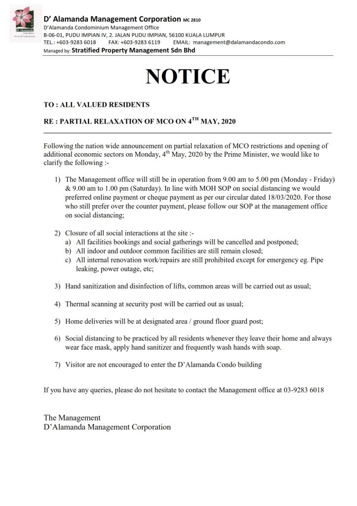Notice - Partial Relaxation of MCO on 04/05/2020