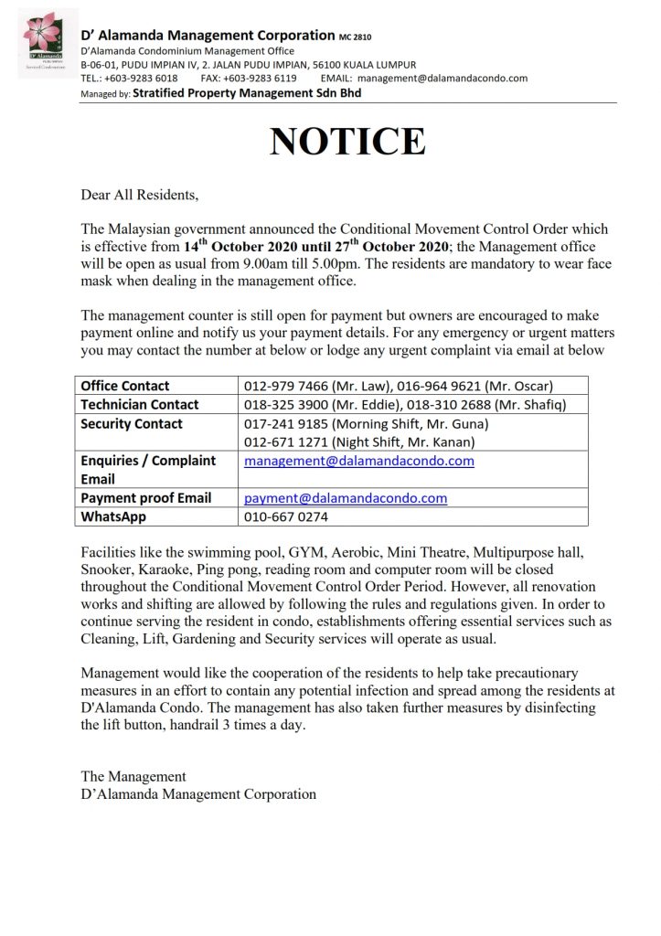 Notice - Office Operation Hour for 14/10/2020 - 27/10/2020